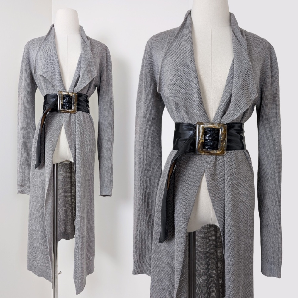 Line The Label Knit Linen Cardigan Fitted Long Sleeve Duster Drape Front Open
